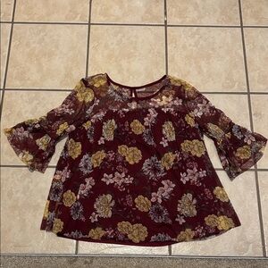 No Boundaries Burgundy Floral Bell-Sleeve Blouse